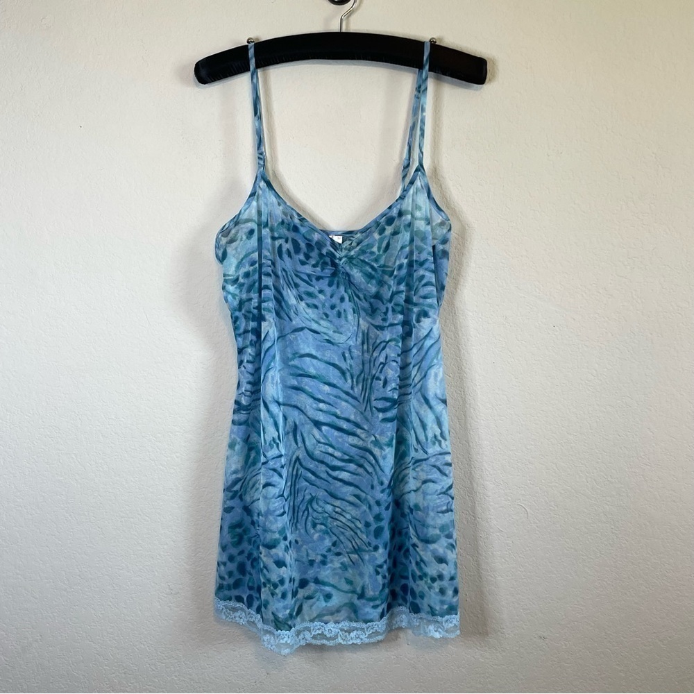 Victoria’s Secret Blue Slip Dress Nightie Y2K Animal Print Sheer Mini Size Large - Picture 1 of 10